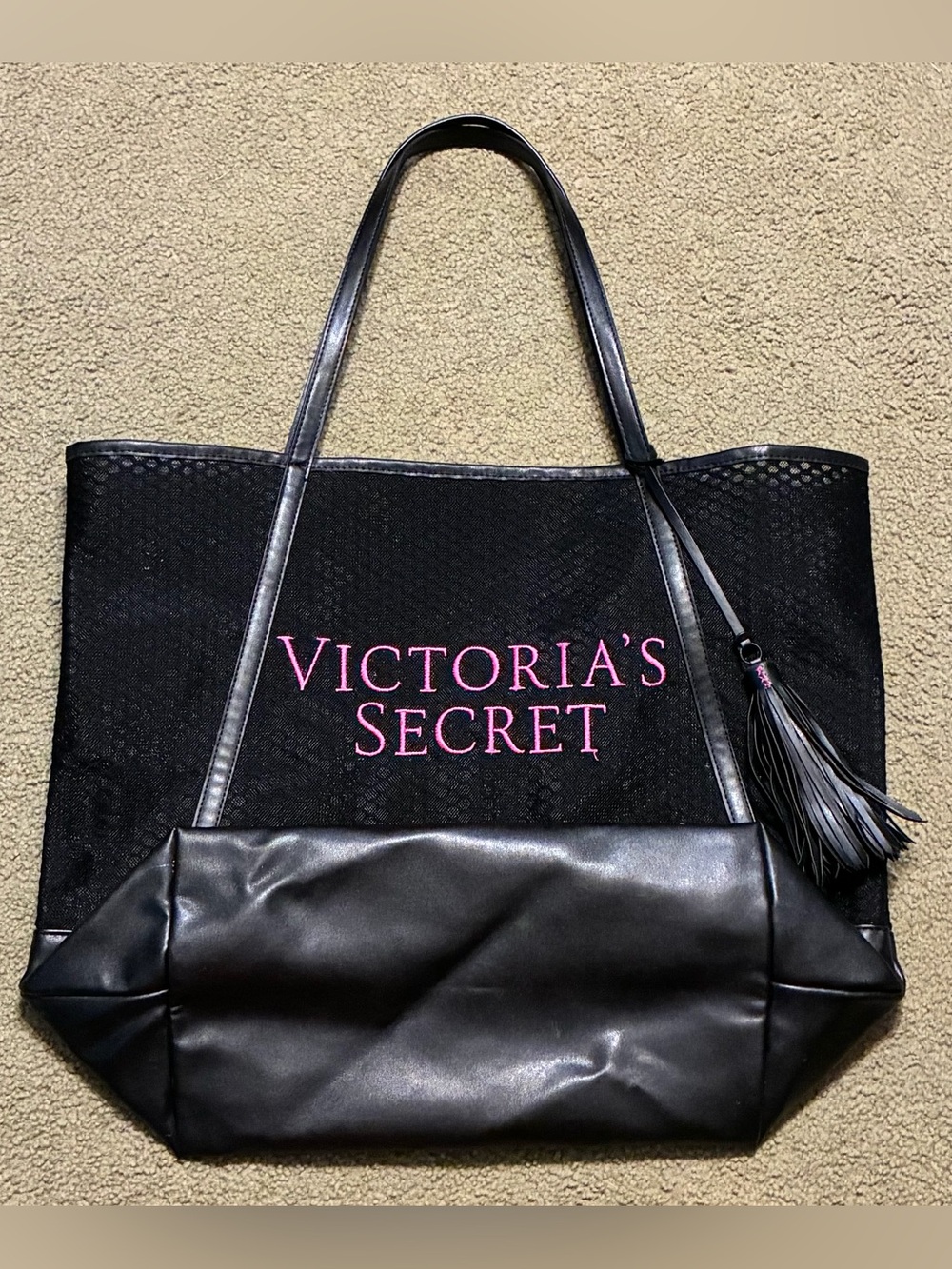 Victoria’s Secret Black Pink Embroidered Mesh Open Top Shoulder Straps Tote Bag